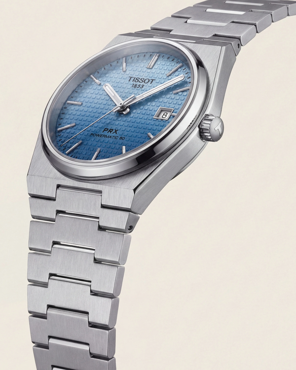 Steel Blue Textured Dial Integrated Bracelet Luxury Watch – Men